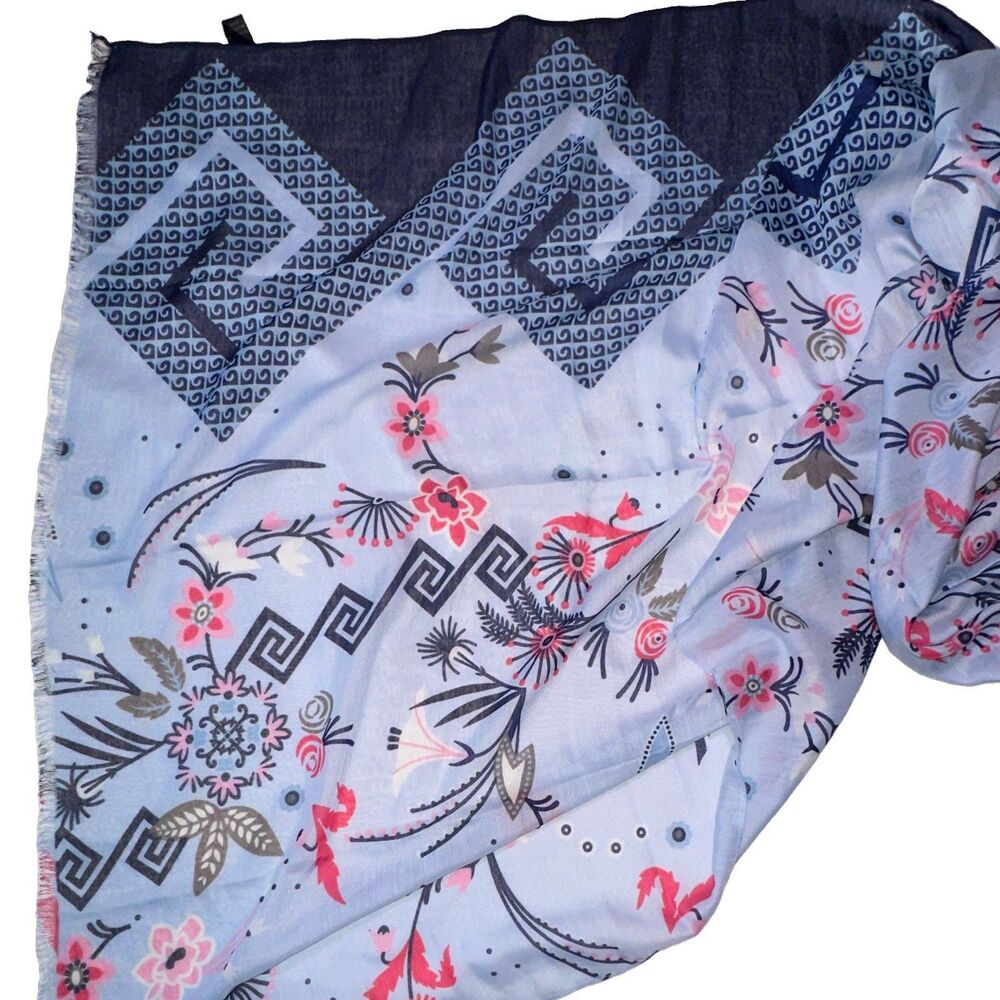 Women's Floral Flower Print Scarf/Wrap with Fringe, Blue Pink Gray White 68”x32”
